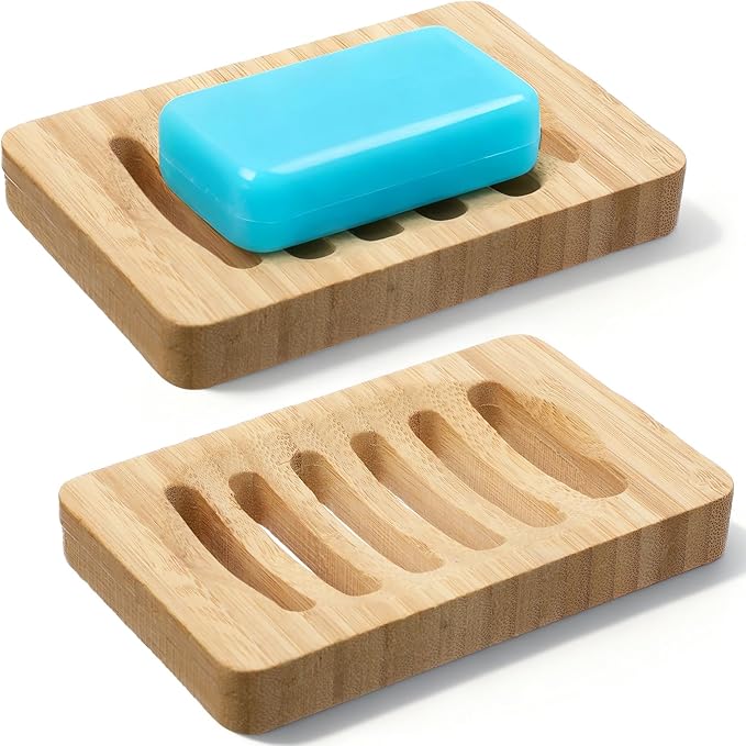 2 Pack Wooden Soap Holder Waterproof Self Draining Soap Dish Wood Soaps Tray for Shower Bathroom Kitchen Bathtub