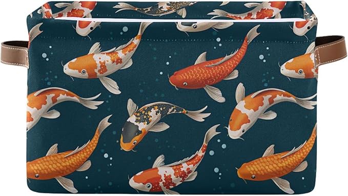 Foldable Storage Baskets, Koi Carps 3D Japanese Storage Bins with Handles, Decorative Cloth Organizer Storage Boxes for Home|Office 15 x 11 x 9.5 in
