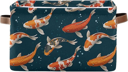 Foldable Storage Baskets, Koi Carps 3D Japanese Storage Bins with Handles, Decorative Cloth Organizer Storage Boxes for Home|Office 15 x 11 x 9.5 in