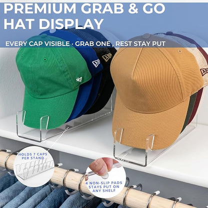 Baseball Hat Organizer 2 Pack, Clear Acrylic Hat Organizer Rack, Hat Display Stand Holds 14 Caps, 7-Slot No Assembly Cap Storage for Closet Shelf, Dresser, 11.4 x 3 x 2.2 in