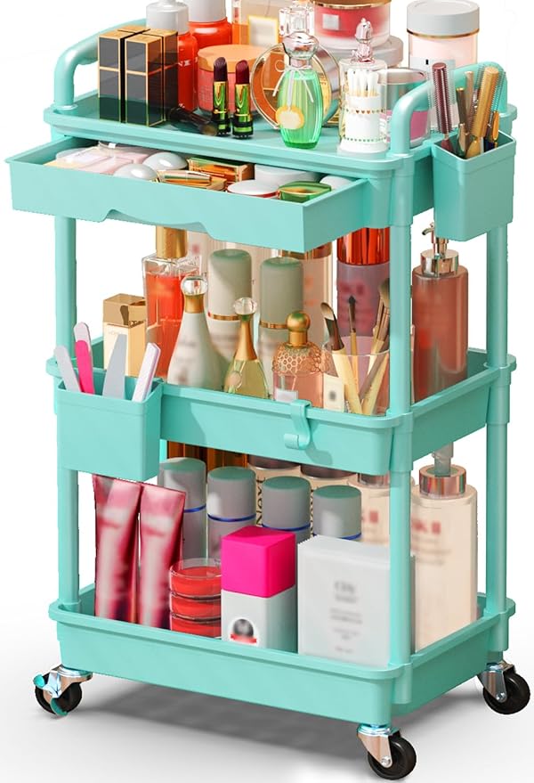 SUNALLY Makeup Cart Organizer with Drawers, Floor Skincare Organizers Vanity Storage Organizer, Rolling Makeup Bathroom Storage Cart Cosmetics Display Cases for Skin Care Perfume Nail Polish, Blue