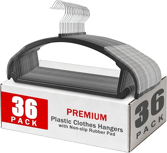 36-Pack Non Slip Plastic Clothes Hangers/w Rubber Pad, Coat Hangers 360° Swivel Hook, Heavy Sturdy Space-Saving Organizers, Hangers for Coats, Pants, Suits, Shirts (Black)