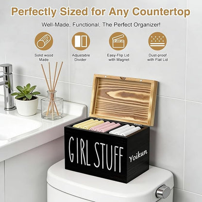 Tampon Holder for Bathroom with Hinged Lid, Modern Farmhouse Feminine Product Organizer, Decorative Storage Box for Pads & Period Essentials, Toilet Tank or Countertop