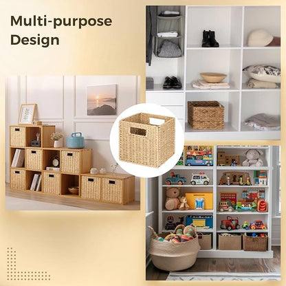 OMISTAR 6 Pcs 8.7 Inch Wicker Storage Cubes Bins - Woven Paper Rope Storage Baskets, Foldable Storage Bins with Handles, Collapsible Square Storage Containers for Shelves, Closets, 8.7×8.7×8.7"