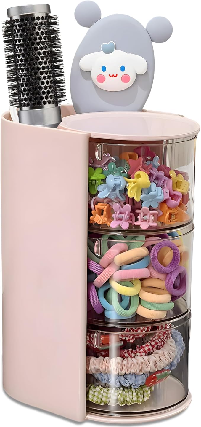 Azurphoric Hair Accessories Organizer with Hair Brush Holder, Rotatable Makeup Brush Holder for Necklaces, Earring, Bracelet, Ring, Makeup Brushes, Hair Clip and Hair Accessories (Pink, 3-Layer)