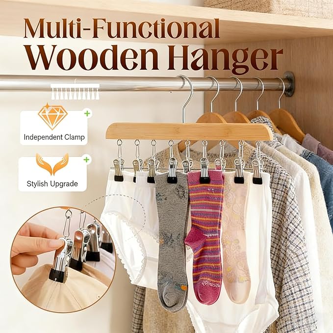 Closet Organizer with 10 Clips, Space Saving Hanging Closet Organizers Adjustable Wooden Legging Organizer for Closet, Stainless Steel Pants Hanger with Clips for Women Men (Brown, 2pcs)