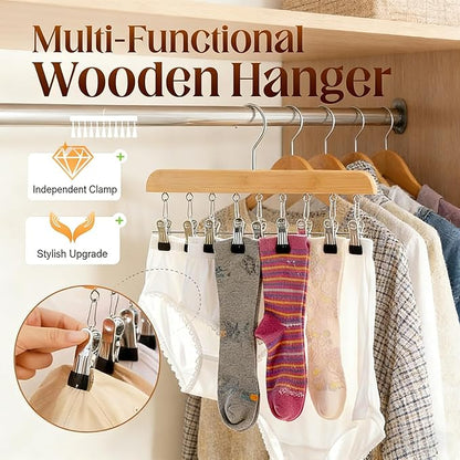 Closet Organizer with 10 Clips, Space Saving Hanging Closet Organizers Adjustable Wooden Legging Organizer for Closet, Stainless Steel Pants Hanger with Clips for Women Men (Brown, 2pcs)