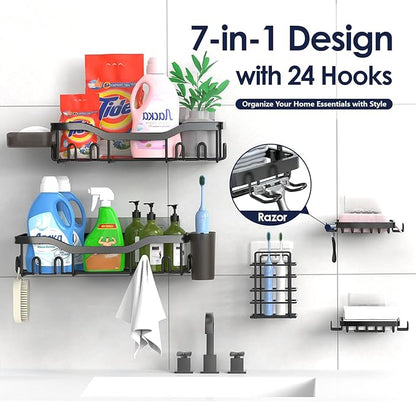 NESOMI Shower Caddy Adhesive Shower Organizer 7-Pack, Rustproof Stainless Steel Bathroom Shelves, Large Capacity No-Drill Rack Storage Accessories with Soap Dish Toothbrush Holder &24 Hooks Home Decor