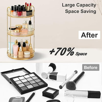 360 Rotating Makeup Organizer for Vanity, 3 Tier Perfume Skincare Organizers and Storage for Bathroom Countertop, Large Capacity Clear Spinning Counter Cosmetic Holder for Dresser, Amber Gold