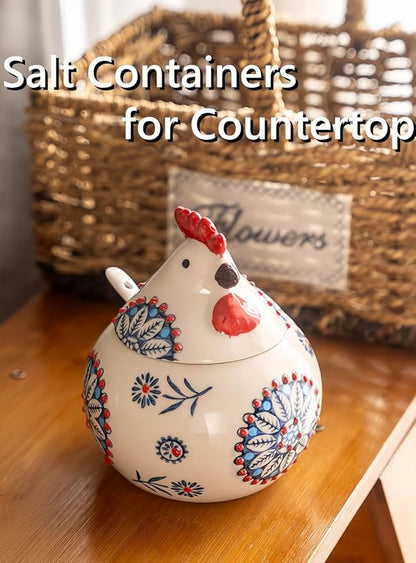 Ceramic Salt Cellar with Lid and Spoon, 13 OZ Large Chicken Salt Jar, Salt Holder for Counter, Coffee, Sugar, Spices and Candies, Salt Containers for Countertop (Red)