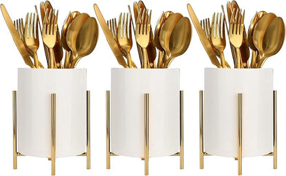 Utensil Caddy for Weddings and Parties,Sturdy Metal and Ceramics,Decorate Kitchen and Dining Table, White gold, S0017