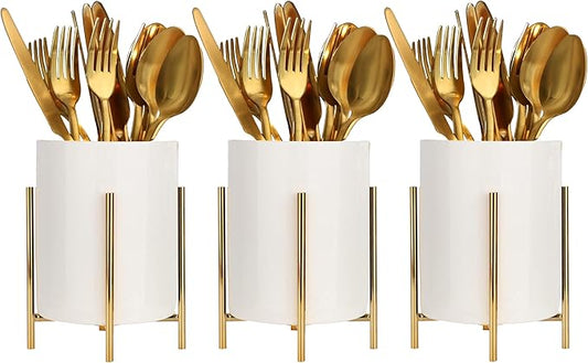 Utensil Caddy for Weddings and Parties,Sturdy Metal and Ceramics,Decorate Kitchen and Dining Table, White gold, S0017