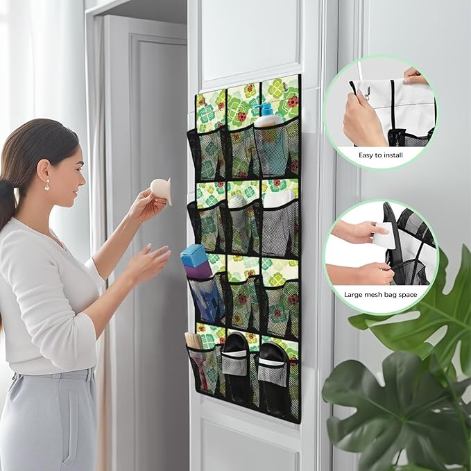 Versatile 12-Pocket Behind The Door Hanging Organizer, Made of Oxford Cloth, Waterproof Foldable and Perfect for Bathroom Bedroom Closet Storage, Lucky Leaf Ladybug