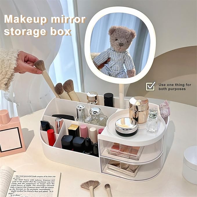 DASITON Makeup Organizer with Rechargeable Mirror,Makeup Brush Holder with 2 Drawers,Skincare and Cosmetics Organizer Countertop,Large Capacity Cosmetic Display Case for Vanity,Bedroom,Bathroom(White)