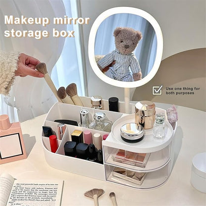 DASITON Makeup Organizer with Rechargeable Mirror,Makeup Brush Holder with 2 Drawers,Skincare and Cosmetics Organizer Countertop,Large Capacity Cosmetic Display Case for Vanity,Bedroom,Bathroom(White)