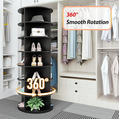Rotating Shoe Rack, 7-Tier Spinning Shoe Rack, Free Standing Rotating Shoe Rack Tower 360°, Easy to Assemble, Space-Saving Revolving Shoe Organizer for Entryway - Black