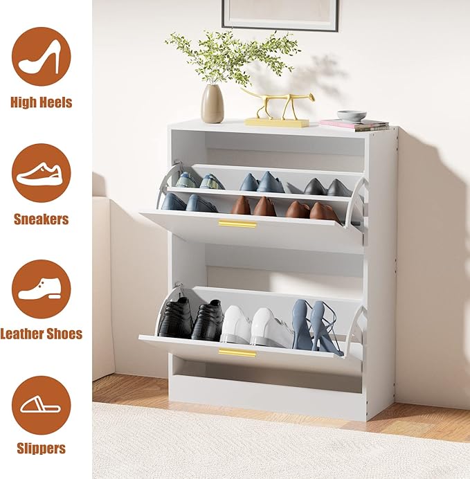 JOZZBY Shoe Cabinet for Entryway, Narrow White Shoe Storage Cabinet with 2 Flip Drawers, Wooden Hidden Shoe Rack Organizer with 2 Tier Freestanding for Hallway, Living Room, Set of 2