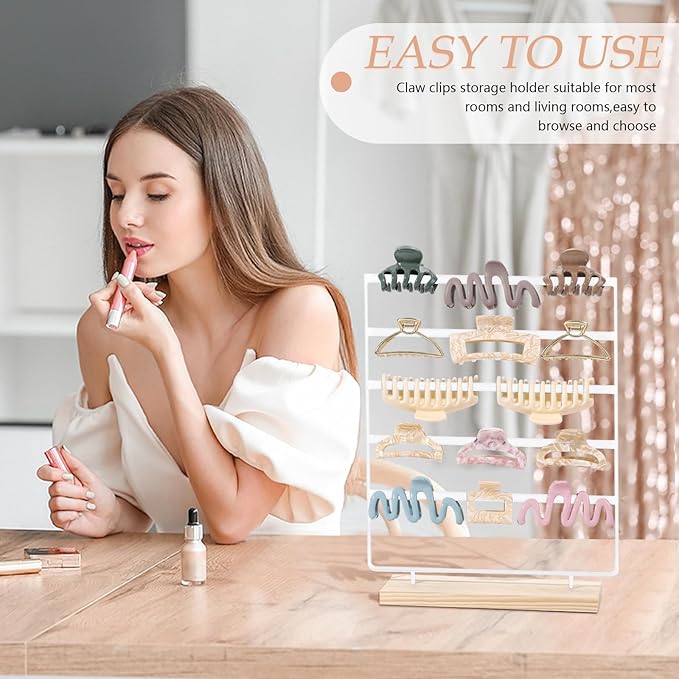 SNOWSTAR Hair Claw Clip Holder Organizer - 5 Tier Iron Rod Hair Clip Holder Storage for Women Girls, Wood Base Desktop Organizer