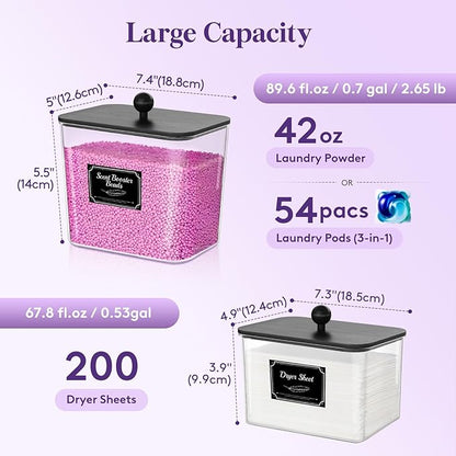 Lifewit 3 Pcs Laundry Pods Container with Bamboo Lid, Dryer Sheet Holder, Laundry Room Organization for Washing Powder, Scent Booster Beads, 2600 +2000ml/0.53+0.7gal