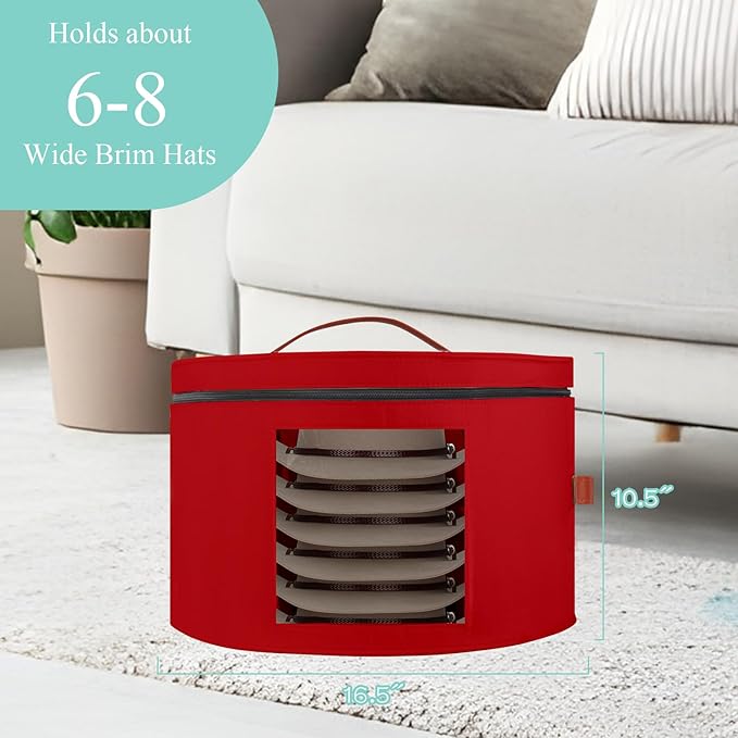Samplife Hat Box,Hat Storage Box,Stackable Round Brim Hats Organizer Bag Container for Closet,Travel Hat Boxes for Women, Cowboy Hat Organizer, FoldableTravel Cap Boxes (07-Red, 16.5" D x 10.5" H)