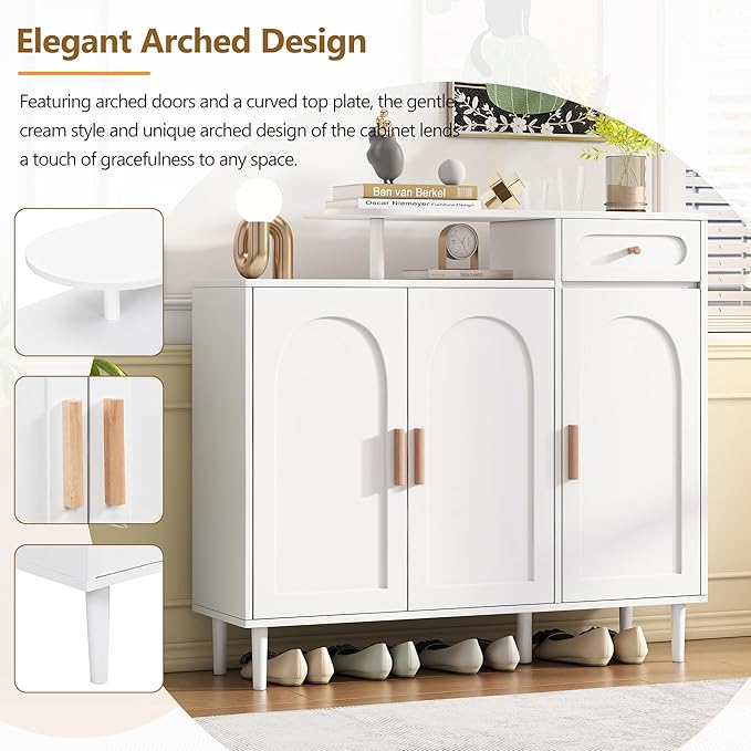 JIVOIT Shoe Cabinet with Adjustable Shelves and Drawer, Cream Style Storage Sideboard with Arched Doors, Solid Wood Legs, Wood Shoe Rack for Entryway, Living Room (White,164)