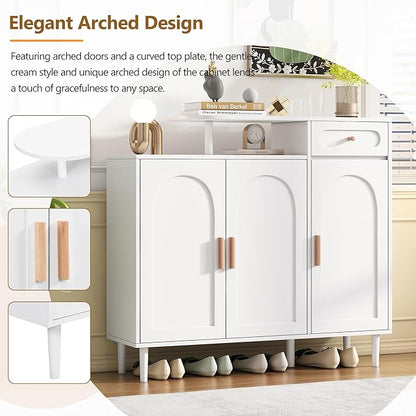 JIVOIT Shoe Cabinet with Adjustable Shelves and Drawer, Cream Style Storage Sideboard with Arched Doors, Solid Wood Legs, Wood Shoe Rack for Entryway, Living Room (White,164)