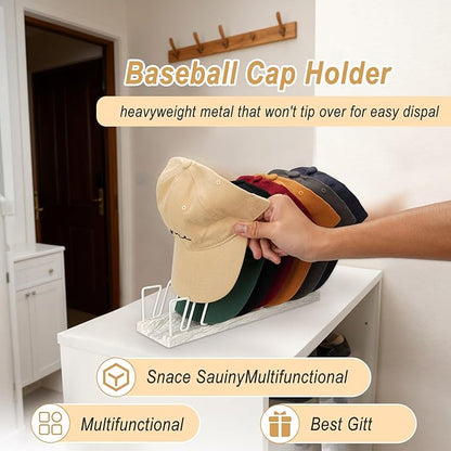 Hat Organizer for Baseball Caps - 14 Caps Organizer & Holder, Anti-Tip Metal Hat Rack & Display Stand, Quick-Install Hat Storage for Closet, Bedroom, Vanity (White wood grain，2 pack)