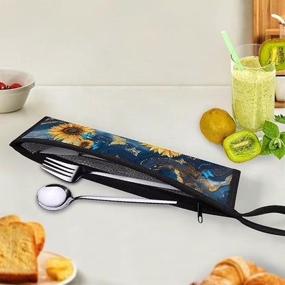 COEQINE Marble Cutlery Flatware Organziers for Straw Spoon Fork Chopsticks Travel Silverware Women Utensil Case With Zipper Daisy Flower Butterfly Themes,Blue Gold Marble Print