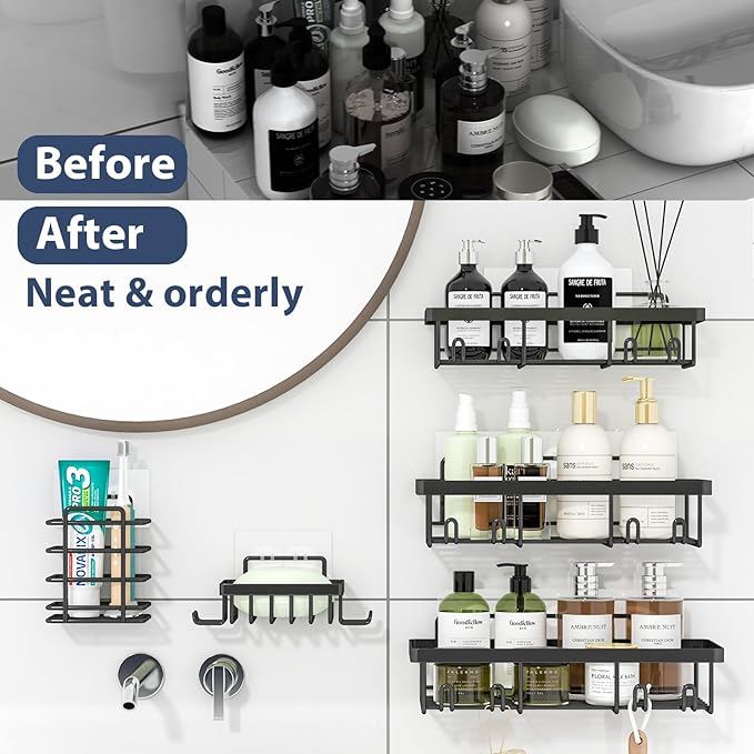 Liuoud 10 Pack Shower Caddy Organizer Rack Shelf for Inside Shower, Self Adhesive Wall Storage Basket Rustproof Stainless Steel Shampoo Holder Bathroom Accessory Decor Set, Black