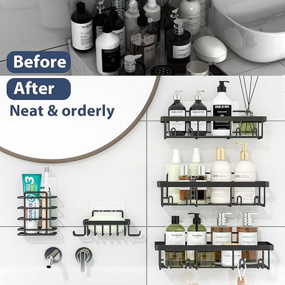 Liuoud 10 Pack Shower Caddy Organizer Rack Shelf for Inside Shower, Self Adhesive Wall Storage Basket Rustproof Stainless Steel Shampoo Holder Bathroom Accessory Decor Set, Black