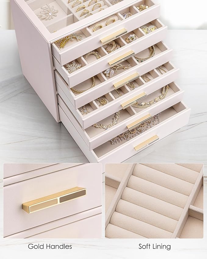 VLANDO 6 Layer Jewelry Box for Women, Glass Lid Jewelry Organizer with 6 Drawers for Necklaces Rings Earrings Bracelets - Light Pink