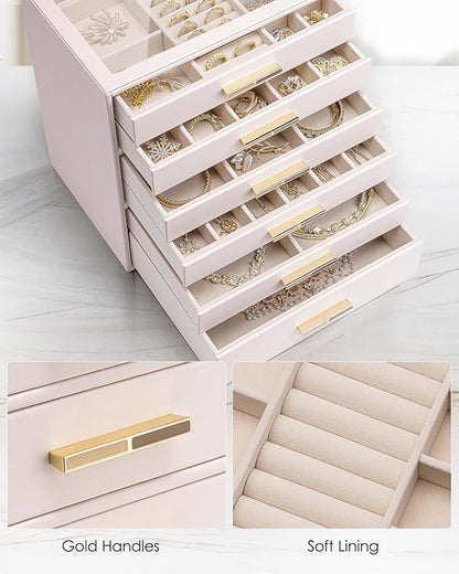 VLANDO 6 Layer Jewelry Box for Women, Glass Lid Jewelry Organizer with 6 Drawers for Necklaces Rings Earrings Bracelets - Light Pink