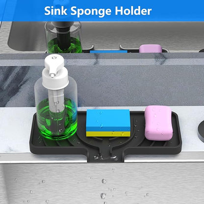 Sponge Holder for Kitchen Sink, Dish Sponge Holder & Soap Tray with Drain, Bathroom Sink Sponge Drying Rack & Perfect Organizer for Dispenser,Bottle,Cup on Sinks or Counter (10"x 4"Black)