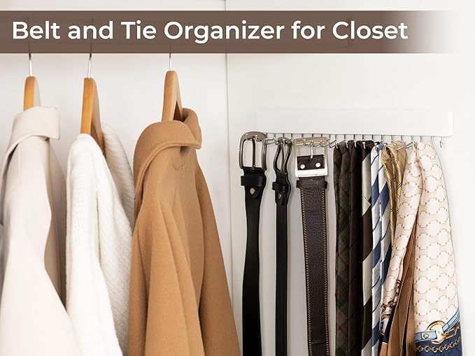 StorageWorks Tie Rack with 20 Hooks, 2-Pack Wall-Mounted Wooden Hangers for Neckties, Belts, Hats, White