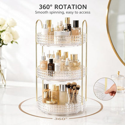 Fangoo 3 Tiers Clear Rotating Makeup Organizer for Vanity, 360 Spinning Skincare Organizers for Dresser Perfume Organizer Large Skincare Make up Storage Cosmetic Organizer for Bathroom Countertop