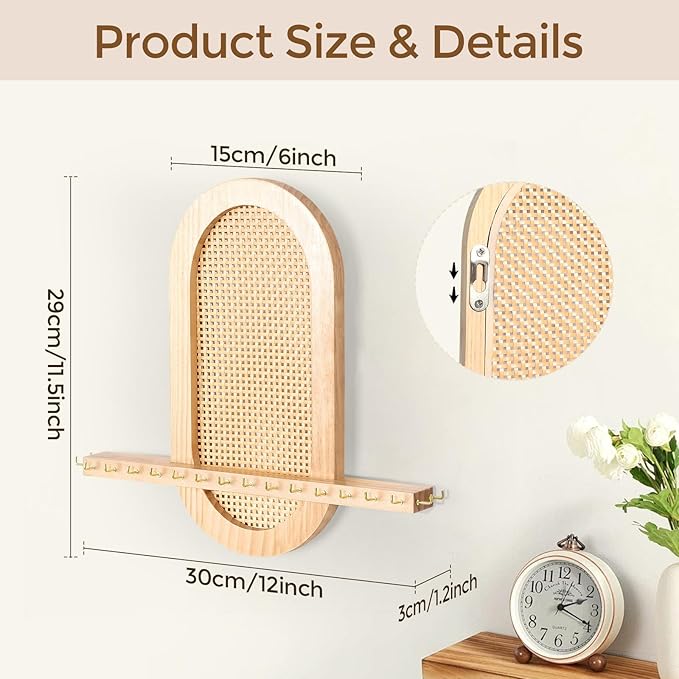 Wall Necklace Holder Hanging Jewelry Organizer whit 18 Hooks Wooden Necklace Organizer, Space-saving Boho Jewelry Display for Necklaces & Earrings Storage