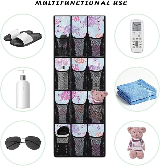 Turtle Shoe Organizer Door Hanger Heavy Duty Oxford Over the Door Organizer with 12 Large Mesh Pockets Behind the Door Rackfor Garage Laundry Bathroom Kitchen Kids Room