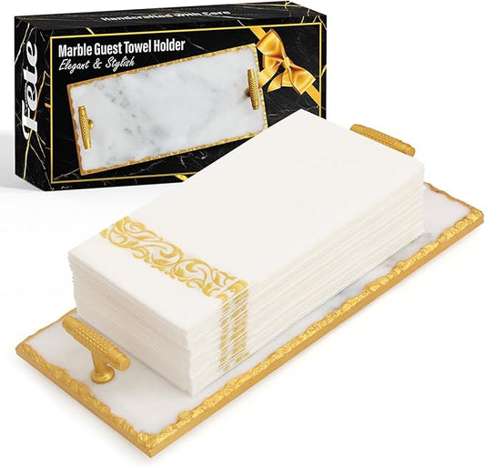 Guest Towel Holder Tray for Bathroom - Premium Marble Tray with Gold Rim - Bathroom Hand Towel Tray, The Perfect Vanity Tray for Bathroom. Ideal Valentines Day Gift.