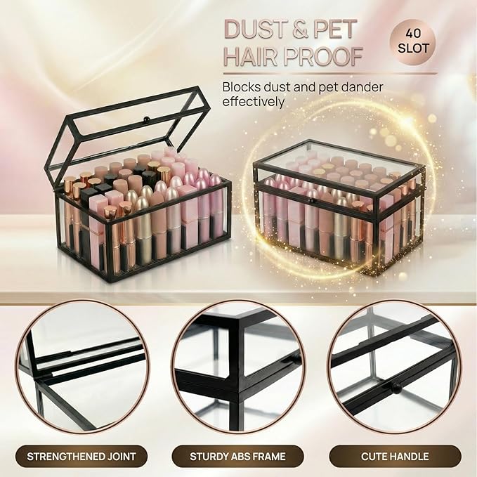 40 Lipsticks Organizer with Lid, Glass Display Box Fits Large Perfume & Skincare, Easy-Access Organiser for Vanity Countertop, Multifunctional Display Box in Any Rooms