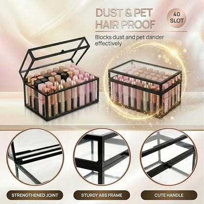 40 Lipsticks Organizer with Lid, Glass Display Box Fits Large Perfume & Skincare, Easy-Access Organiser for Vanity Countertop, Multifunctional Display Box in Any Rooms