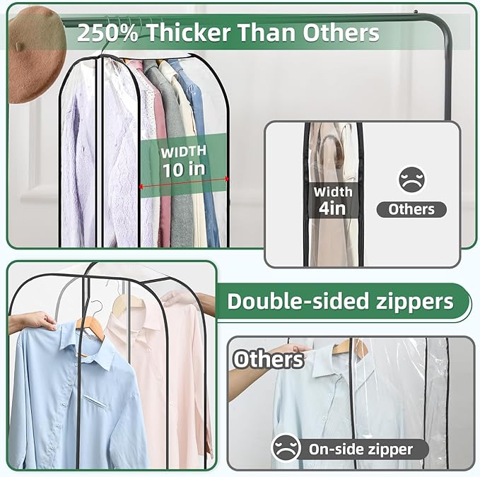 LANDNEOO 6 Pack Clear Garment Bags for Hanging Clothes with Zippers on Double Sides - 10'' Clothes Storage for Coat, Dress, and Fur in Closet - 32'' Long Suit Bags