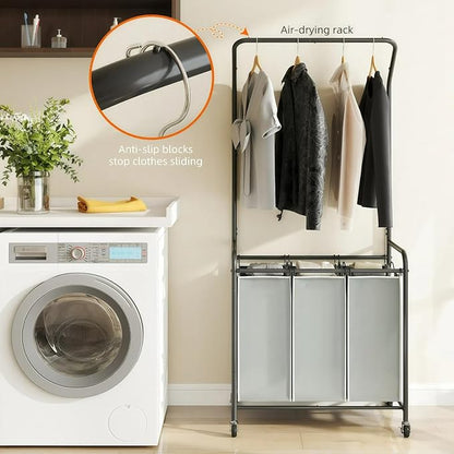 ROMOON Laundry Sorter Hamper with Hanging Bar, 3 Section Rolling Laundry Cart with Clothes Rack & Heavy-Duty Lockable Wheels, Divided Laundry Basket Organizer for Apartment & Small Spaces (135L Grey)