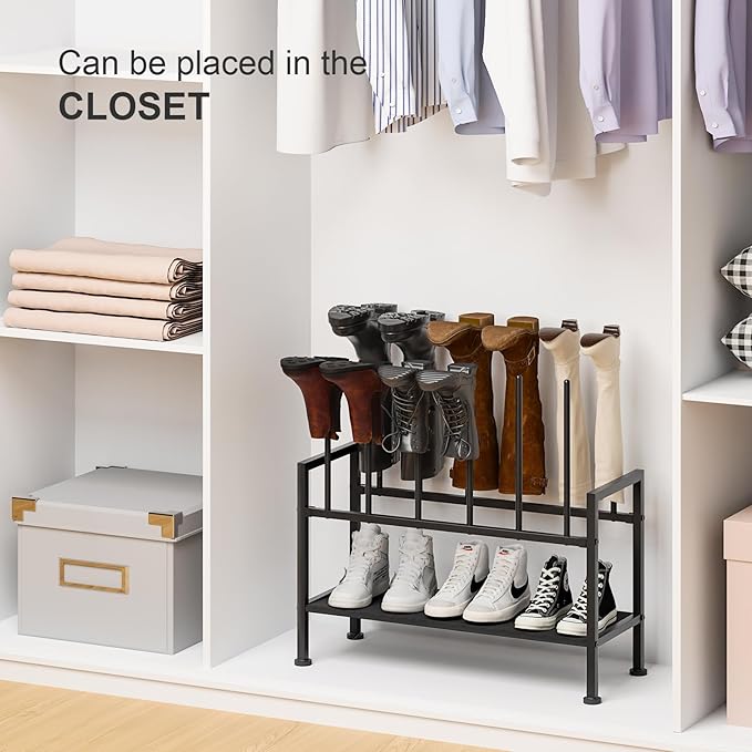 DIMJ Free Standing Shoe Racks - 3-Tier Boot Rack, Black Metal Boot Storage Organizer Tall Boots Organizer for Closet, Shoe Rack for Boots, Sneakers,Fit for 12 Pairs Boots, 2-Pack, Black