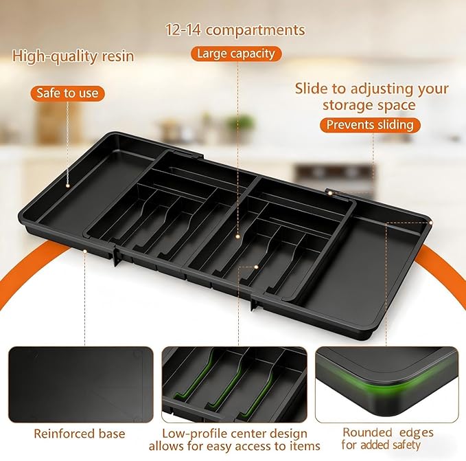 Utensil Organizer for Kitchen Drawer, Expandable Cooking Silverware Tray,Large Silverware Drawer Organizer，Plastic Spatula Tools Storage Divider, 21.6-38", Black