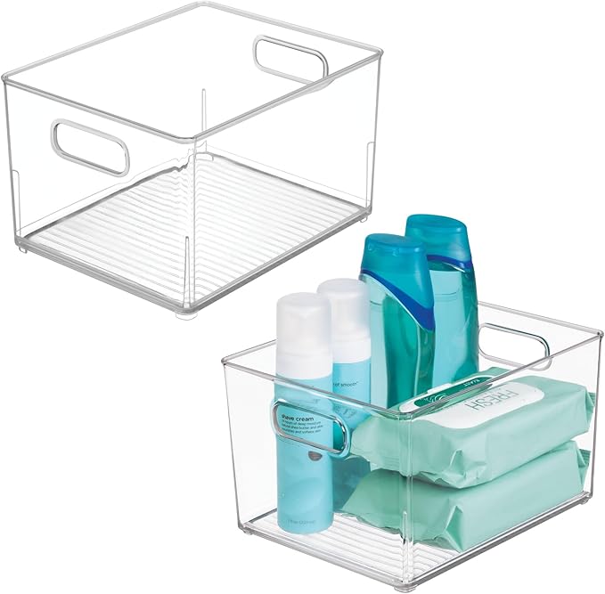 iDesign Small Stackable Plastic Bathroom Storage Bin with Handles - Set of 2 - Clear - Made in USA