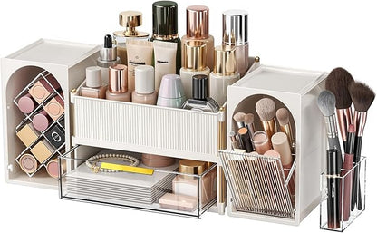 Seoneiro Makeup Organizer with Drawers, Cosmetic Storage for Dresser Countertop and Bathroom Vanity, Beauty Holder for Lipstick Brush Skincare Display case (Milky White + Transparent)