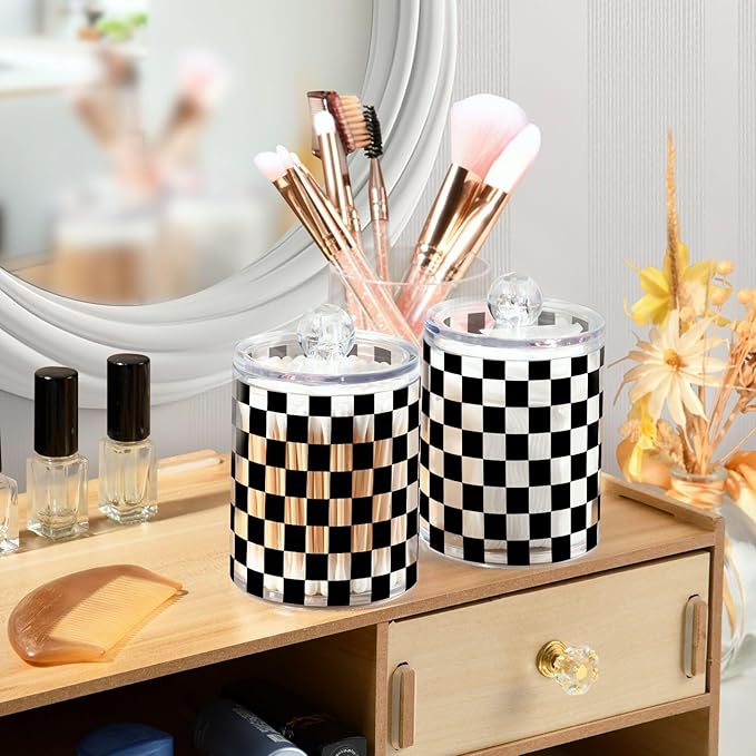 ALAZA 2pcs Black White Checkered Plaid Qtip Holder Dispenser 14 oz Bathroom Storage Clear Apothecary Jars Containers Cotton Ball,Cotton Rounds,Floss Picks, Hair Clips, Food