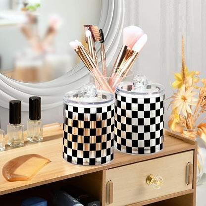 ALAZA 2pcs Black White Checkered Plaid Qtip Holder Dispenser 14 oz Bathroom Storage Clear Apothecary Jars Containers Cotton Ball,Cotton Rounds,Floss Picks, Hair Clips, Food