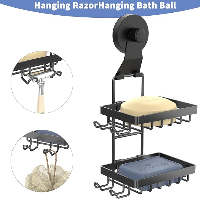 Moforoco Soap Bar Holder for Shower, No Drilling, 304 Stainless Steel, Wall Mounted Soap Holder with 4 Hooks and Razor Holder, Shower Rack Soap Tray Bar Soap for Bathroom (Black, 2-T Suction Cup)