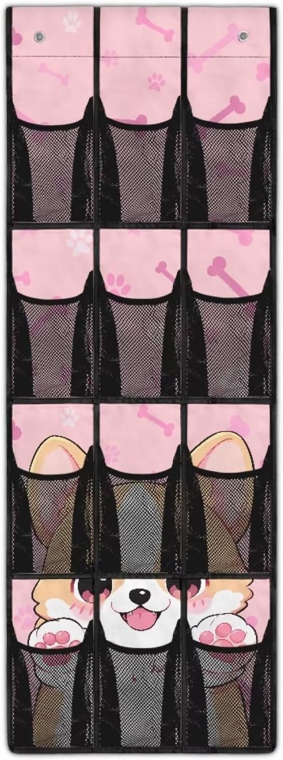 Door Hanging Shoe Organizer Mesh Fabric Pink Over The Door Shoe Organizer for Closet 12 Pockets Cute Corgi Wall Hanging Storage Space Saving Shoe Holder Hanger